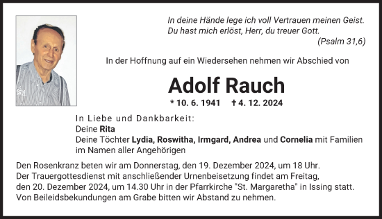 Traueranzeige von Adolf Rauch von Landsberger Tagblatt