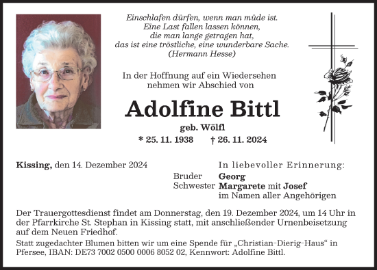 Traueranzeige von Adolfine Bittl von Friedberger Allgemeine