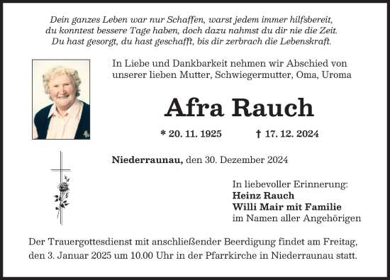 Traueranzeige von Afra Rauch von Mittelschwäbische Nachrichten