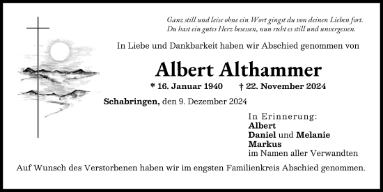 Traueranzeige von Albert Althammer von Donau Zeitung
