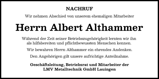 Traueranzeige von Albert Althammer von Donau Zeitung