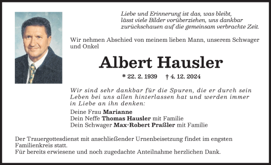Traueranzeige von Albert Hausler von Donauwörther Zeitung