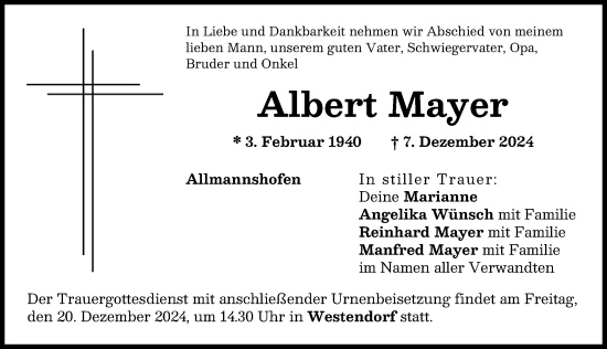 Traueranzeige von Albert Mayer von Augsburg-Land