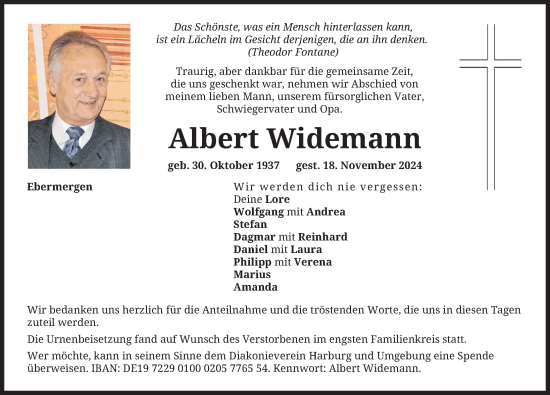Traueranzeige von Albert Widemann von Donauwörther Zeitung