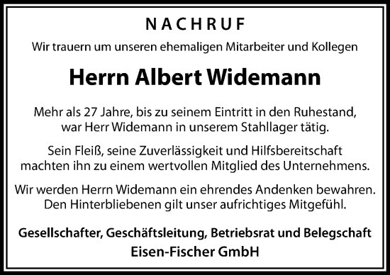 Traueranzeige von Albert Widemann von Donauwörther Zeitung