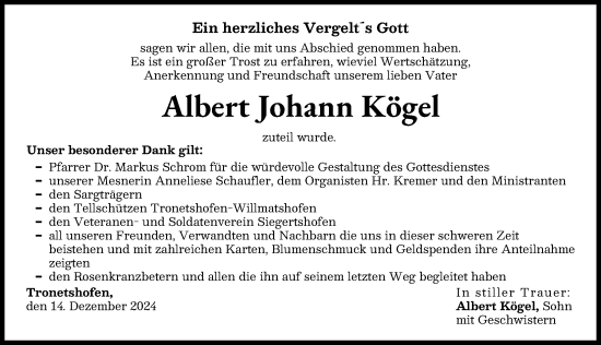 Traueranzeige von Albert Johann Kögel von Schwabmünchner Allgemeine, Augsburg-Land