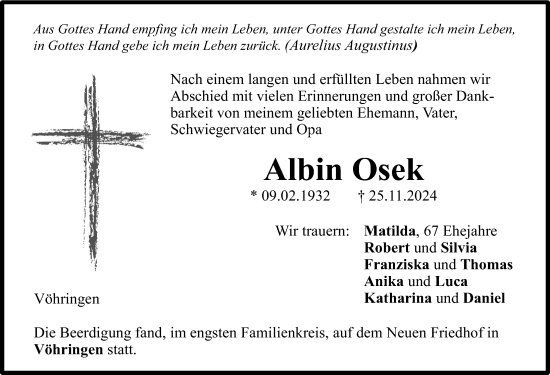 Traueranzeige von Albin Osek von Illertisser Zeitung