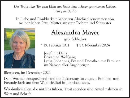 Traueranzeige von Alexandra Mayer von Illertisser Zeitung