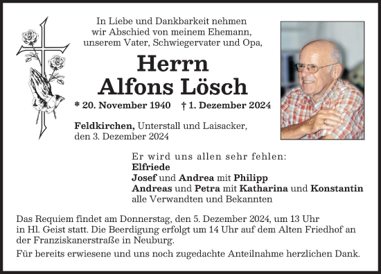 Traueranzeige von Alfons Lösch von Neuburger Rundschau