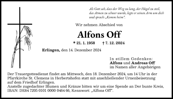 Traueranzeige von Alfons Off von Augsburg-Land