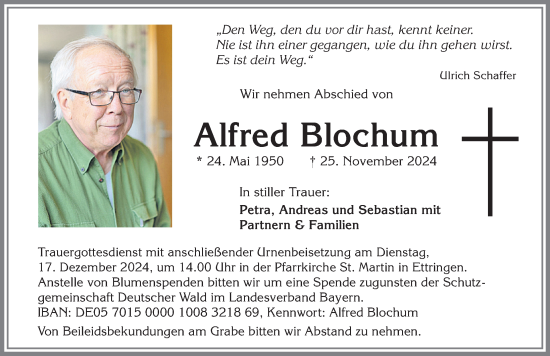 Traueranzeige von Alfred Blochum von Mindelheimer Zeitung