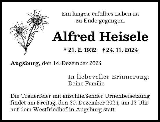 Traueranzeige von Alfred Heisele von Augsburger Allgemeine