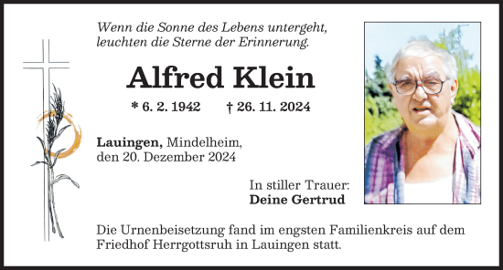 Traueranzeige von Alfred Klein von Mindelheimer Zeitung