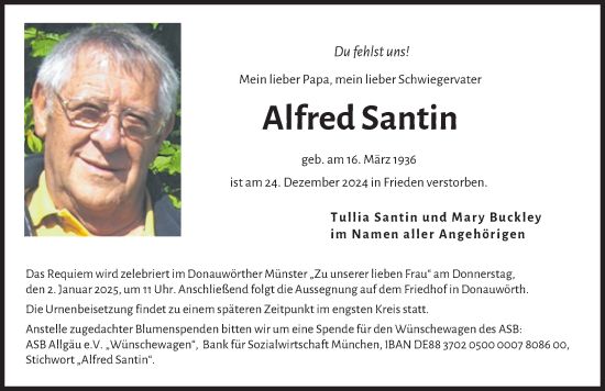 Traueranzeige von Alfred Santin von Donauwörther Zeitung