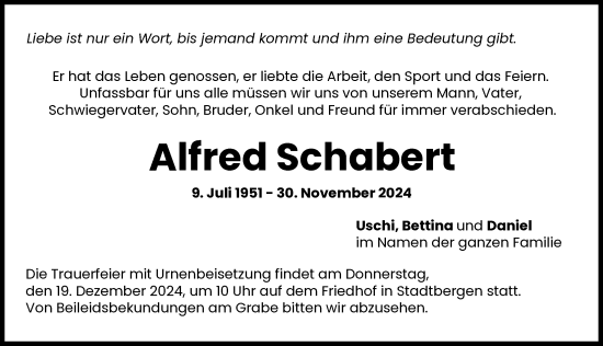Traueranzeige von Alfred Schabert von Augsburger Allgemeine
