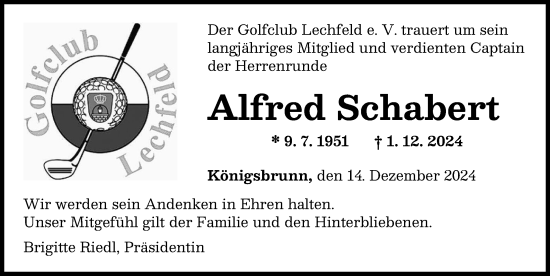 Traueranzeige von Alfred Schabert von Augsburger Allgemeine