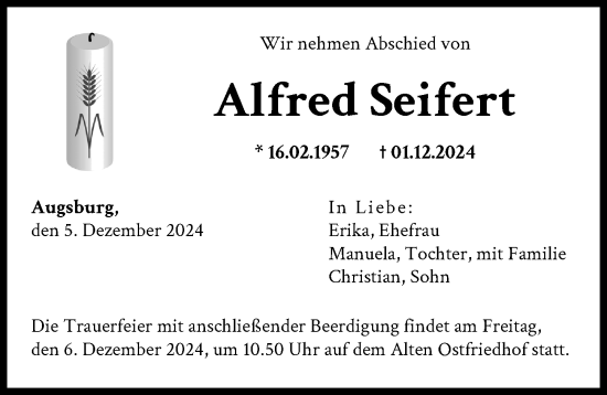 Traueranzeige von Alfred Seifert von Augsburger Allgemeine