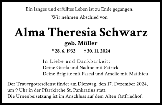 Traueranzeige von Alma Theresia Schwarz von Augsburger Allgemeine