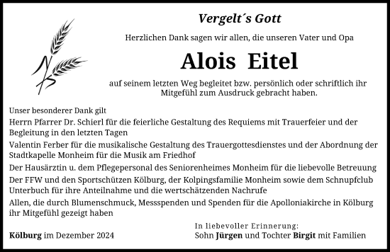 Traueranzeige von Alois Eitel von Donauwörther Zeitung