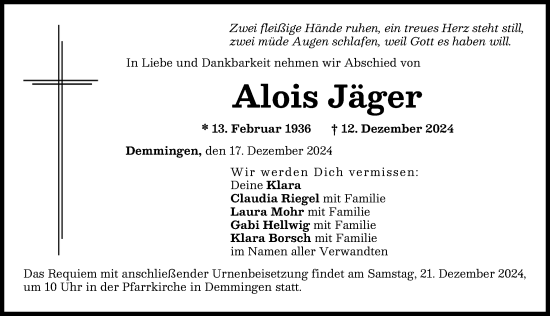Traueranzeige von Alois Jäger von Donau Zeitung
