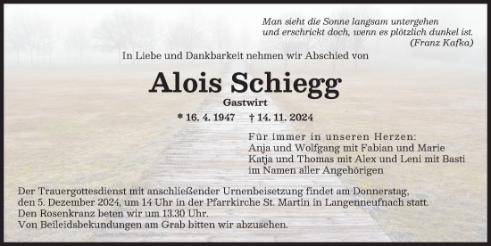 Traueranzeige von Alois Schiegg von Augsburger Allgemeine
