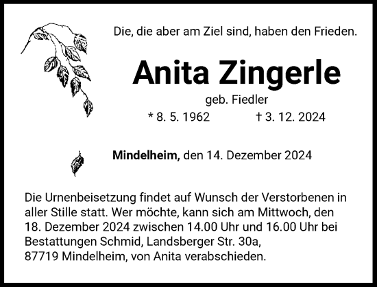 Traueranzeige von Anita Zingerle von Mindelheimer Zeitung