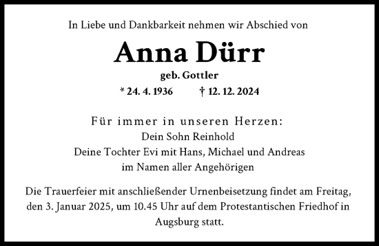 Traueranzeige von Anna Dürr von Augsburger Allgemeine