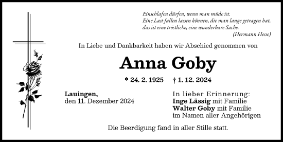 Traueranzeige von Anna Goby von Donau Zeitung