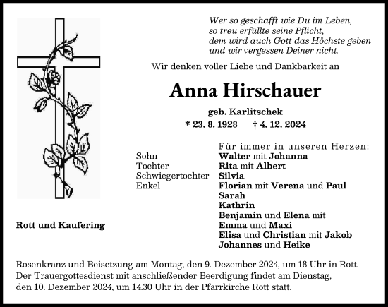 Traueranzeige von Anna Hirschauer von Landsberger Tagblatt