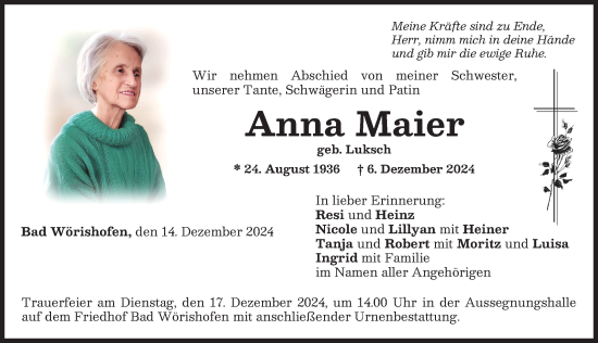 Traueranzeige von Anna Maier von Mindelheimer Zeitung