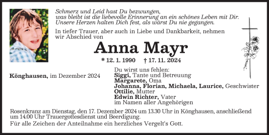 Traueranzeige von Anna Mayr von Mittelschwäbische Nachrichten, Schwabmünchner Allgemeine, Mindelheimer Zeitung