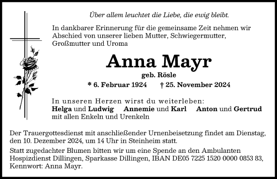 Traueranzeige von Anna Mayr von Donau Zeitung