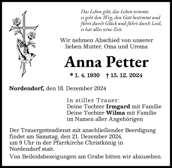 Traueranzeige von Anna Petter von Augsburg-Land