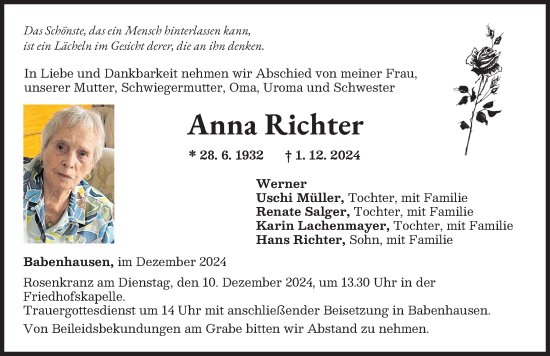 Traueranzeige von Anna Richter von Illertisser Zeitung