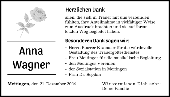 Traueranzeige von Anna Wagner von Augsburg-Land