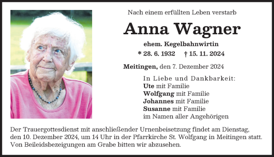 Traueranzeige von Anna Wagner von Augsburg-Land