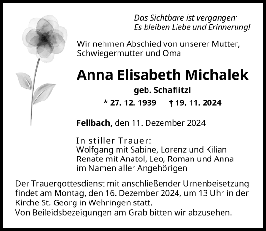 Traueranzeige von Anna Elisabeth Michalek von Schwabmünchner Allgemeine