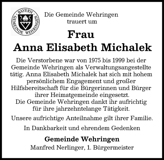 Traueranzeige von Anna Elisabeth Michalek von Schwabmünchner Allgemeine