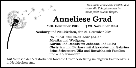 Traueranzeige von Anneliese Grad von Neuburger Rundschau
