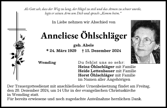 Traueranzeige von Anneliese Öhlschläger von Donauwörther Zeitung