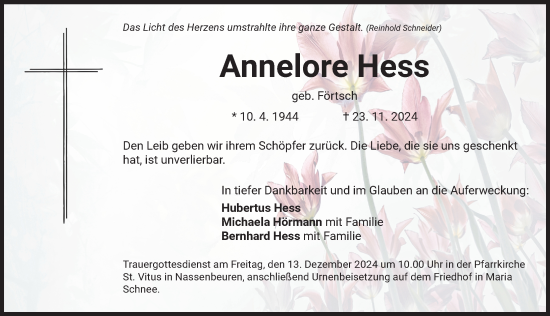 Traueranzeige von Annelore Hess von Mindelheimer Zeitung
