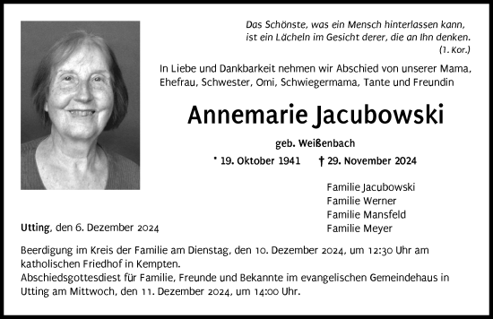 Traueranzeige von Annemarie Jacubowski von Landsberger Tagblatt