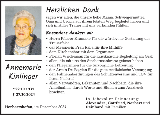 Traueranzeige von Annemarie Kinlinger von Augsburg-Land