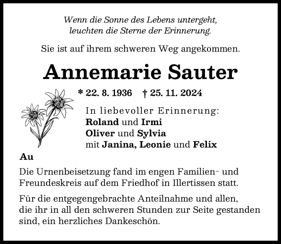 Traueranzeige von Annemarie Sauter von Illertisser Zeitung