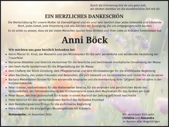 Traueranzeige von Anni Böck von Mittelschwäbische Nachrichten, Günzburger Zeitung