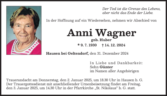 Traueranzeige von Anni Wagner von Landsberger Tagblatt