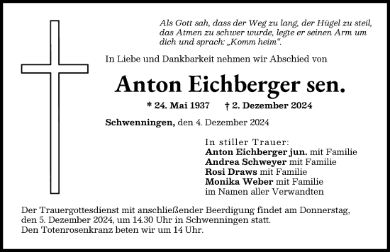 Traueranzeige von Anton Eichberger von Donau Zeitung