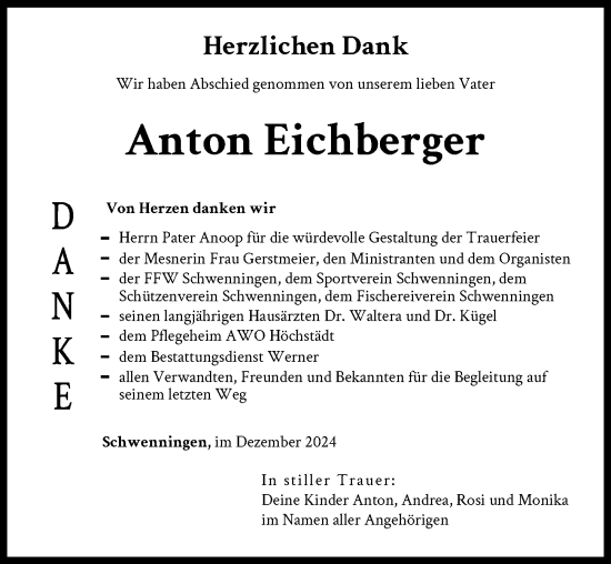 Traueranzeige von Anton Eichberger von Donau Zeitung