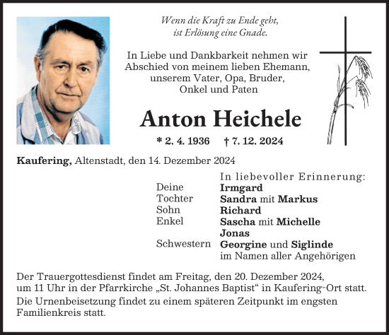 Traueranzeige von Anton Heichele von Landsberger Tagblatt