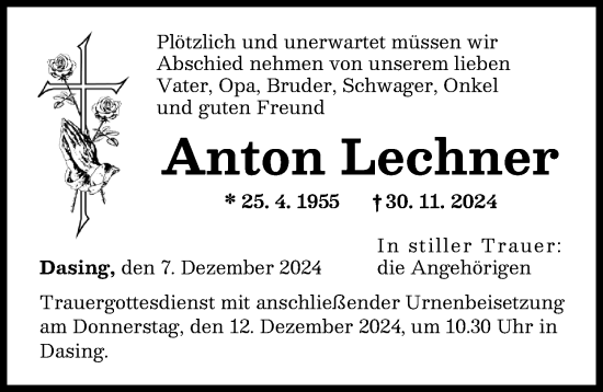Traueranzeige von Anton Lechner von Friedberger Allgemeine